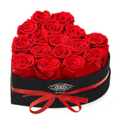 agrul coffret en forme de cœur montrant 16 roses rouges, cadeau prêt à offrir