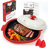 AHJ vue avant du gril micro-ondes rouge montrant design compact et pratique