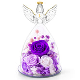 AIMEYE figurine ange en verre vue de face montrant fleurs violettes et élégance durable