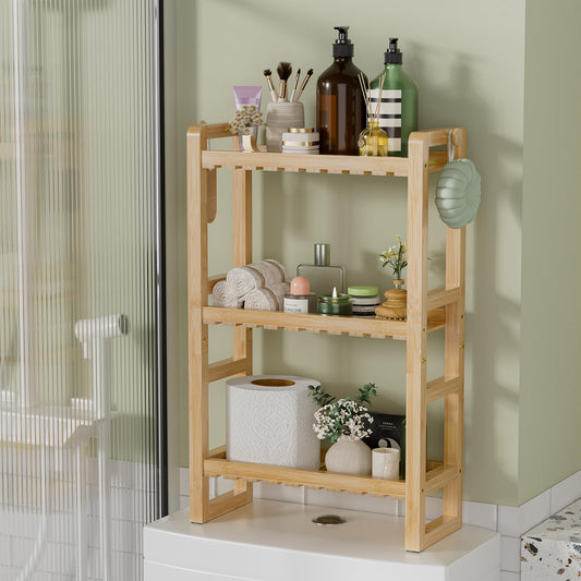 AmazerBath étagère devant packaging montrant rangement compact