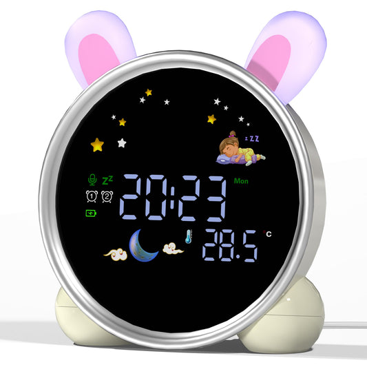 ANALOI réveil lapin face avant montrant les couleurs vertes et bleues pour routine