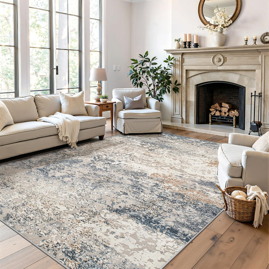 Art&Tuft vue face avant du tapis bleu montrant design abstrait et confort