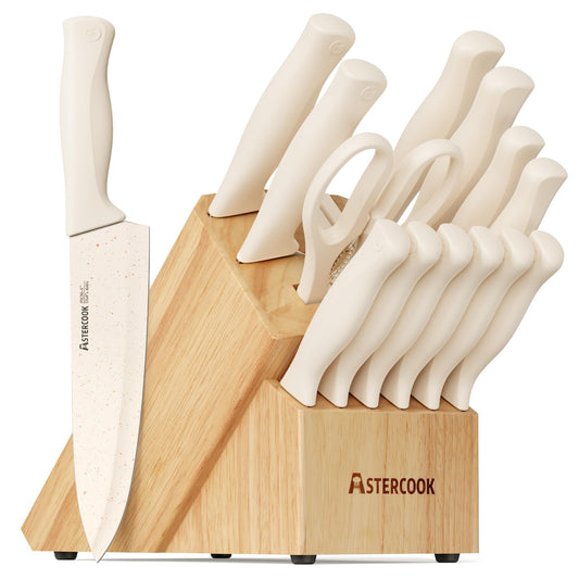 Astercook vue frontale du coffret montrant tous les couteaux et bloc, organisation pratique