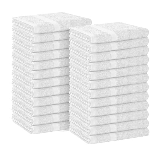 Avalon Towels emballage recto montrant pack de 24 serviettes blanches et utilité professionnelle