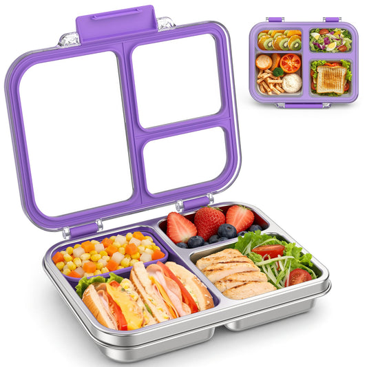BABHAMNESS vue de face du bento violet montrant les trois compartiments et le couvercle transparent