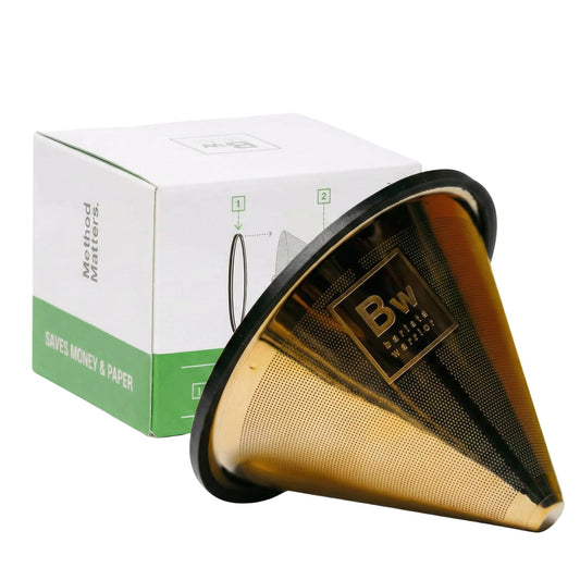 Barista Warrior filtre face avant montrant finition dorée et robustesse