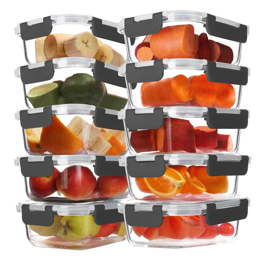 BAYZZ vue avant du pack de 10 boîtes en verre, rangement optimisé