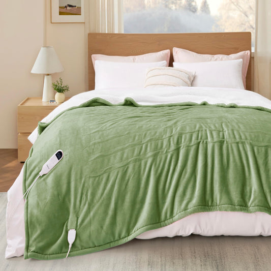 Bedsure couverture électrique face avant montrant design et couleur sauge