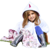 Birdy Boutique poncho face avant montrant fermeture et motif, chaleur pratique