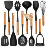 Blithely ensemble 10 ustensiles en silicone noir présenté posé, gain de place