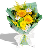 Bonsion vue avant du bouquet jaune prêt à offrir, cadeau durable