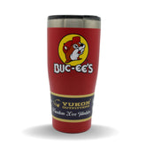 Buc-ee's gobelet rouge face avant montrant Bucky le castor et maintien thermique pratique