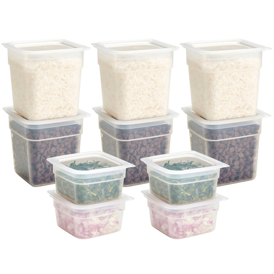 Cambro face avant du pack montrant boîtes translucides et couvercles, gain de place