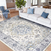CAPALOCA vue de face du tapis 8x10 bleu blanc montrant l'agencement décoratif
