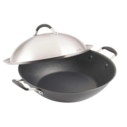 Circulon A1 vue avant du wok avec couvercle, design graphite et robustesse