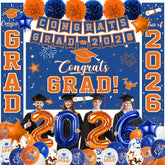 CMUSKO bannière congrats grad 2026 en bleu et orange, crée une entrée festive