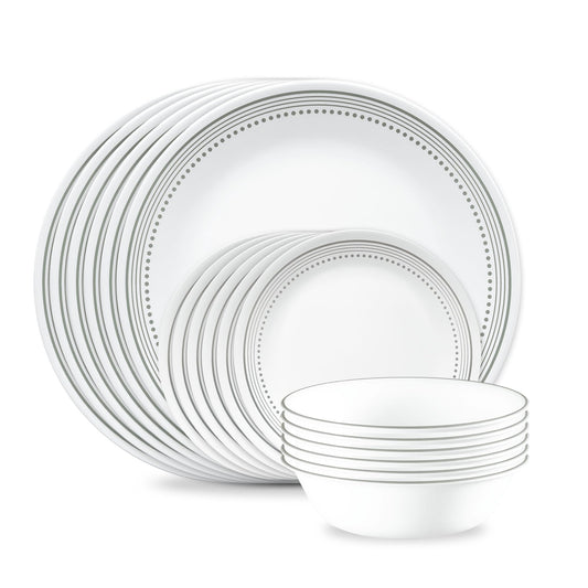 Corelle Mystic Gray ensemble devant montrant une table élégante et résistant aux éclats