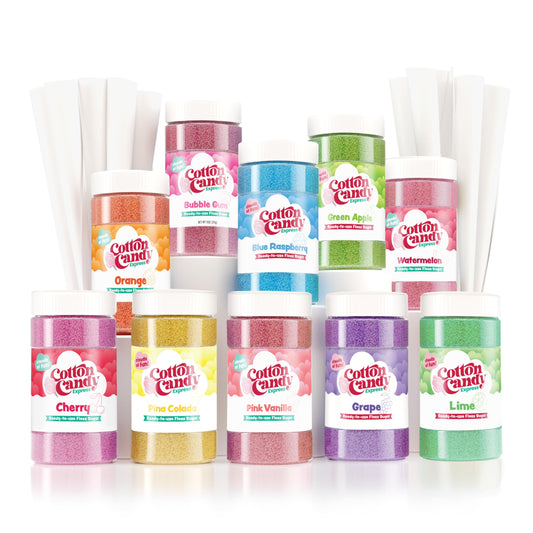 Cotton Candy Express vue avant du pack complet montrant pots et 100 cônes pour facilité