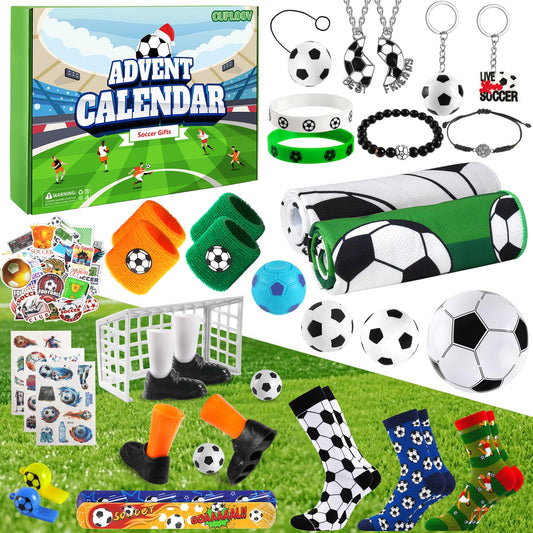 Calendrier CUPLOOV football et assortiment de bracelets, porte-clés, chaussettes, serviettes et petits jeux.