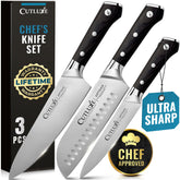 Cutluxe coffret face avant montrant les trois couteaux, qualité professionnelle