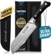 Cutluxe santoku face avant et emballage, vue professionnelle et bénéfice rangement