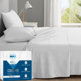 Degrees of Comfort face avant du pack de draps Coolmax® montrant l'étiquette et la couleur blanche, confort immédiat