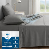 Degrees of Comfort emballage produit montrant le jeu de draps gris et ses avantages de confort