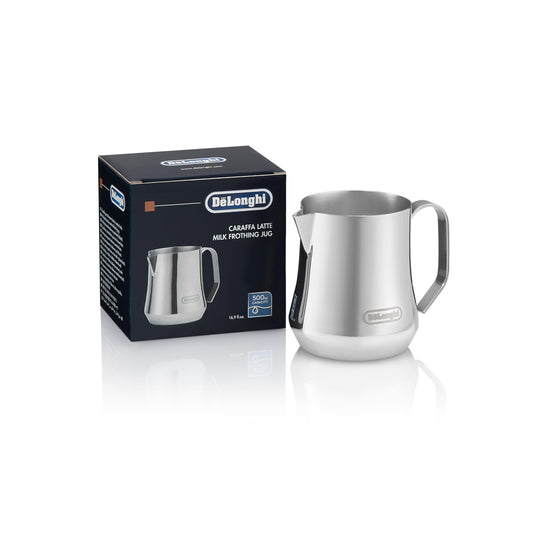 De'Longhi pichet à lait face montrant finition inox et durabilité