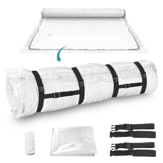 Demine housse matelas vue face montrant compression et gain de place