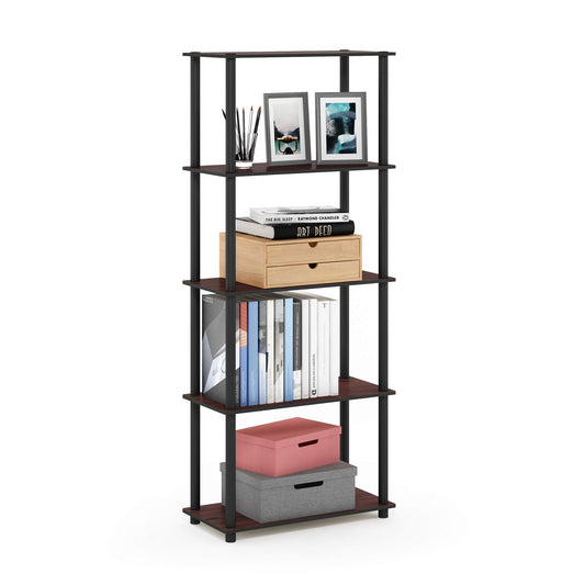 Furinno vue avant étagère Dark Cherry montrant rangement organisé