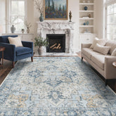 GENIMO vue de face du tapis bleu doré apportant élégance au salon