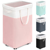 Goodpick vue avant du panier à linge 75L rose et blanc, rangement élégant