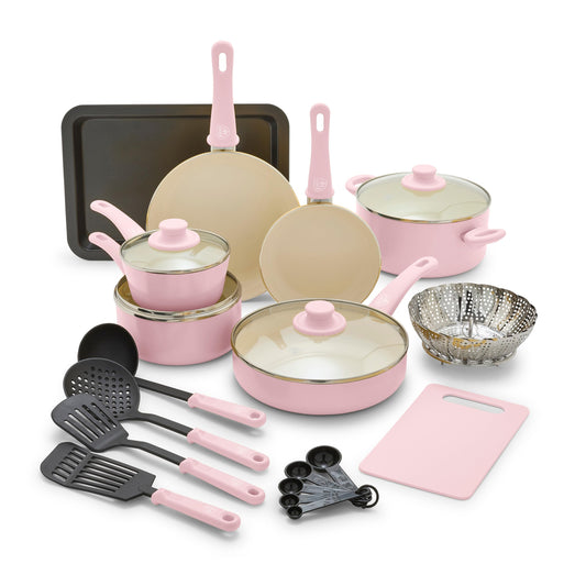 GreenLife emballage avant du set 18 pièces montrant contenu et couleur rose doux, clair pour achat