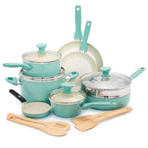 GreenPan lot Rio face avant turquoise montrant l'ensemble complet et organisation pratique