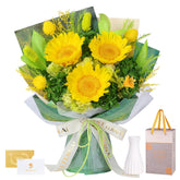 Hanameguri bouquet de face avec vase blanc prêt à offrir, ajoute une touche élégante