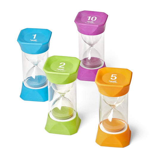 hand2mind ensemble de sabliers jumbo montrant quatre couleurs pour organiser le temps
