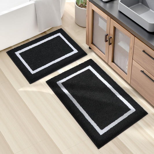 HOMEIDEAS ensemble de tapis de bain noir et blanc montrant l'avant et les deux tailles