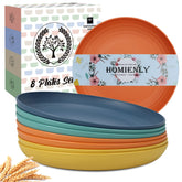 Homienly avant packaging montrant le lot de 8 assiettes, pratique et durable