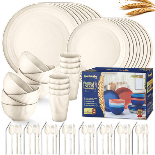Hommaly ensemble complet 64 pièces beige montrant packaging et contenu, praticité de rangement