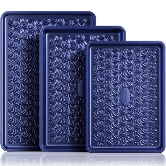 HONGBAKE vue d’ensemble des trois plaques bleues pour cuisson, présentation élégante et rangement