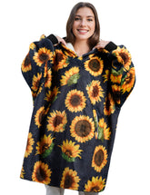 Huglanket vue avant montrant motif tournesol et capuche, chaleur immédiate