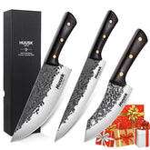 Huusk coffret complet montrant les trois couteaux et leur rangement pratique