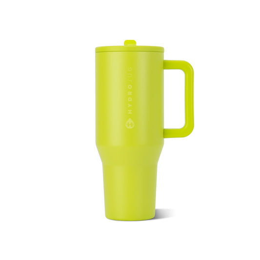 HydroJug Traveler face du gobelet montrant la couleur Lemon Lime et l'emballage pratique