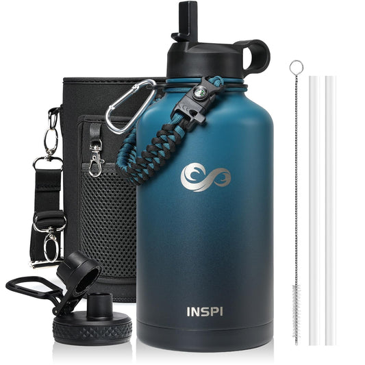 INSPI vue de face de la bouteille 64oz indigo black montre capacité et design durable