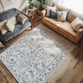 jinchan vue recto du tapis 5x7 bleu montrant motif vintage et élégance