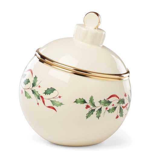Lenox bocal Holiday vue de face montrant motif houx et finition festive