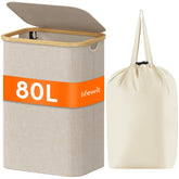 lifewit vue de face du panier beige montrant le couvercle et gain de rangement