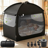 LuxPool lit gonflable face avant montrant la tente et l'entrée, solution de couchage portable