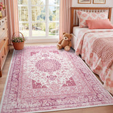 Macgace face du tapis rose vif montrant le motif médaillon, ajoute du caractère