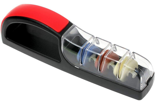 Minosharp vue avant du produit noir et rouge montrant la forme et le design, gain de place